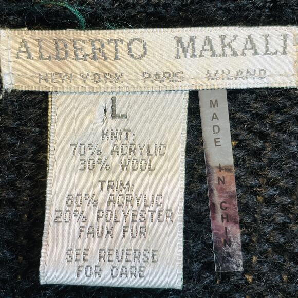 Alberto Makali Black Loose Knit Designer Faux Fur Trim Caplet Sweater Cardigan L - Picture 10 of 13